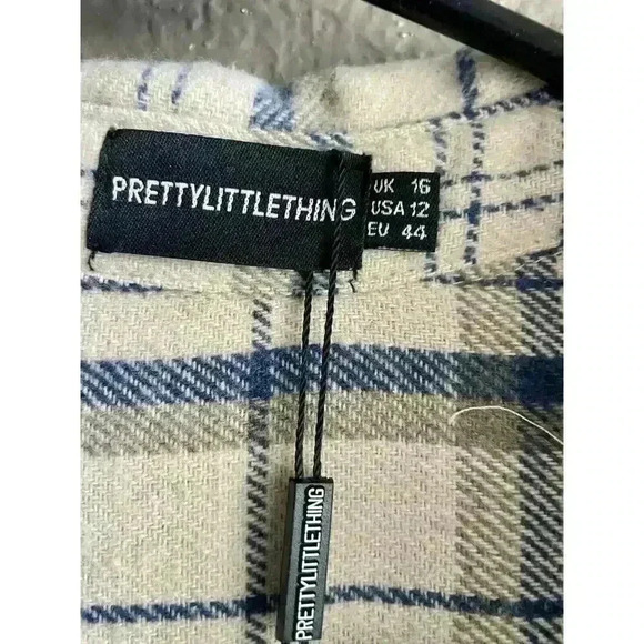 Pretty Little Thing Women's Size 3 Oversized Beige Plaid Heavy Flannel Shirt NWT - Picture 4 of 7